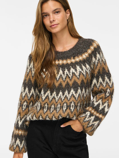 VIBOWS O-NECK L/S JACQUARD KNIT TOP
