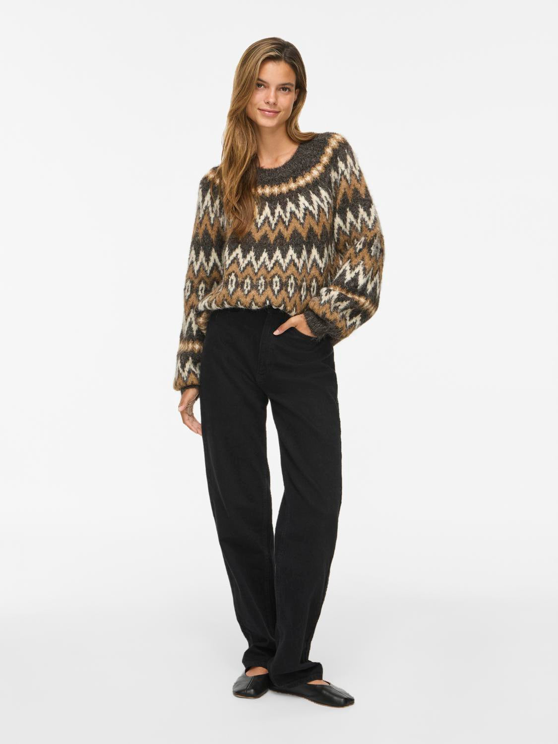 VIBOWS O-NECK L/S JACQUARD KNIT TOP